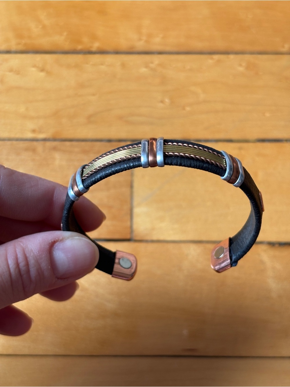 NWOT Mixed-Metal Copper & Black Leather Wrapped Magnetic Cuff Bangle Bracelet - Picture 7 of 16
